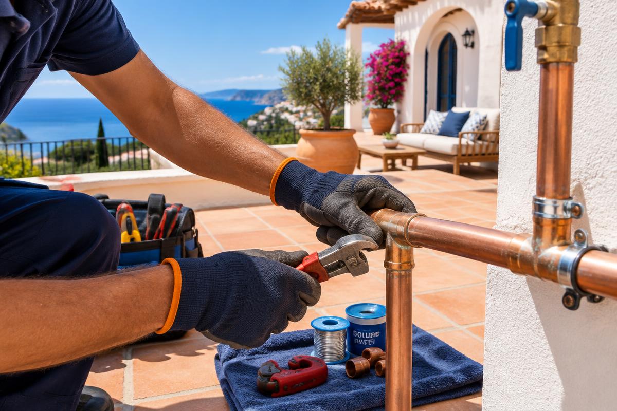 Reparatie van koperen leiding bij een villa aan de Spaanse costa